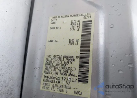 2019 Nissan Maxima 3.5 Sl from USA, damaged, VIN 1N4AA6AV2KC373112